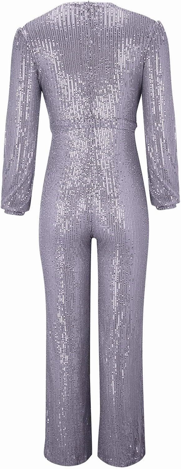 Sparkly Jumpsuits for Women Dressy Formal Plus Size Long Sleeve Sequin Party Rompers Sexy V Neck Wide Leg Pants Suit