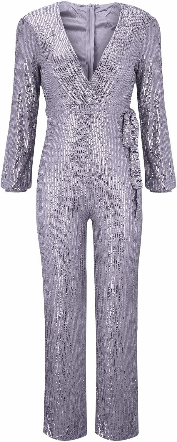 Sparkly Jumpsuits for Women Dressy Formal Plus Size Long Sleeve Sequin Party Rompers Sexy V Neck Wide Leg Pants Suit
