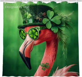 St Patricks Day Shower Curtain, Flamingo with Green Shamrock Clover Shower Curtain Set with 12 Hooks, Green Shower Curtain for Bathroom Decor, 72X72inch