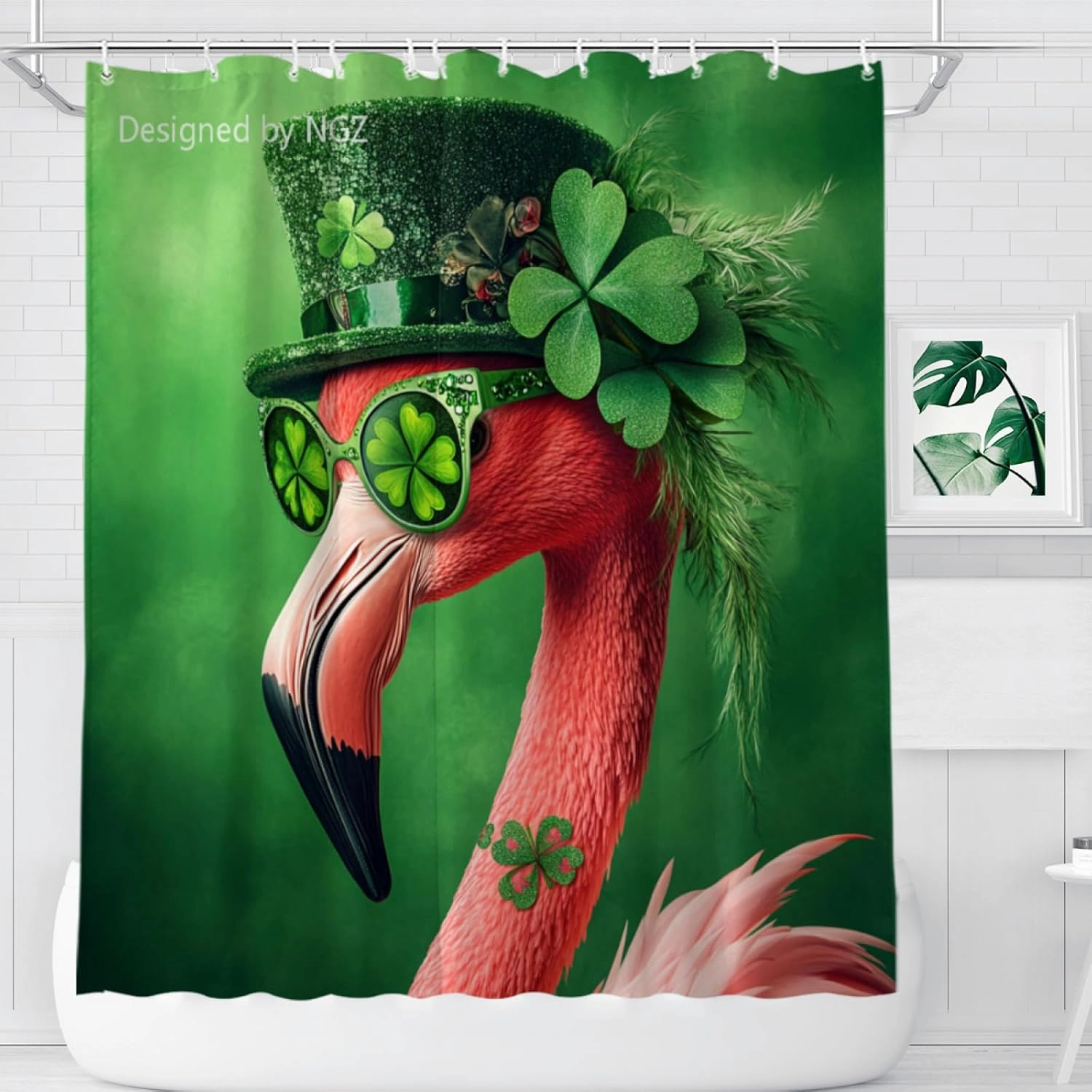 St Patricks Day Shower Curtain, Flamingo with Green Shamrock Clover Shower Curtain Set with 12 Hooks, Green Shower Curtain for Bathroom Decor, 72X72inch