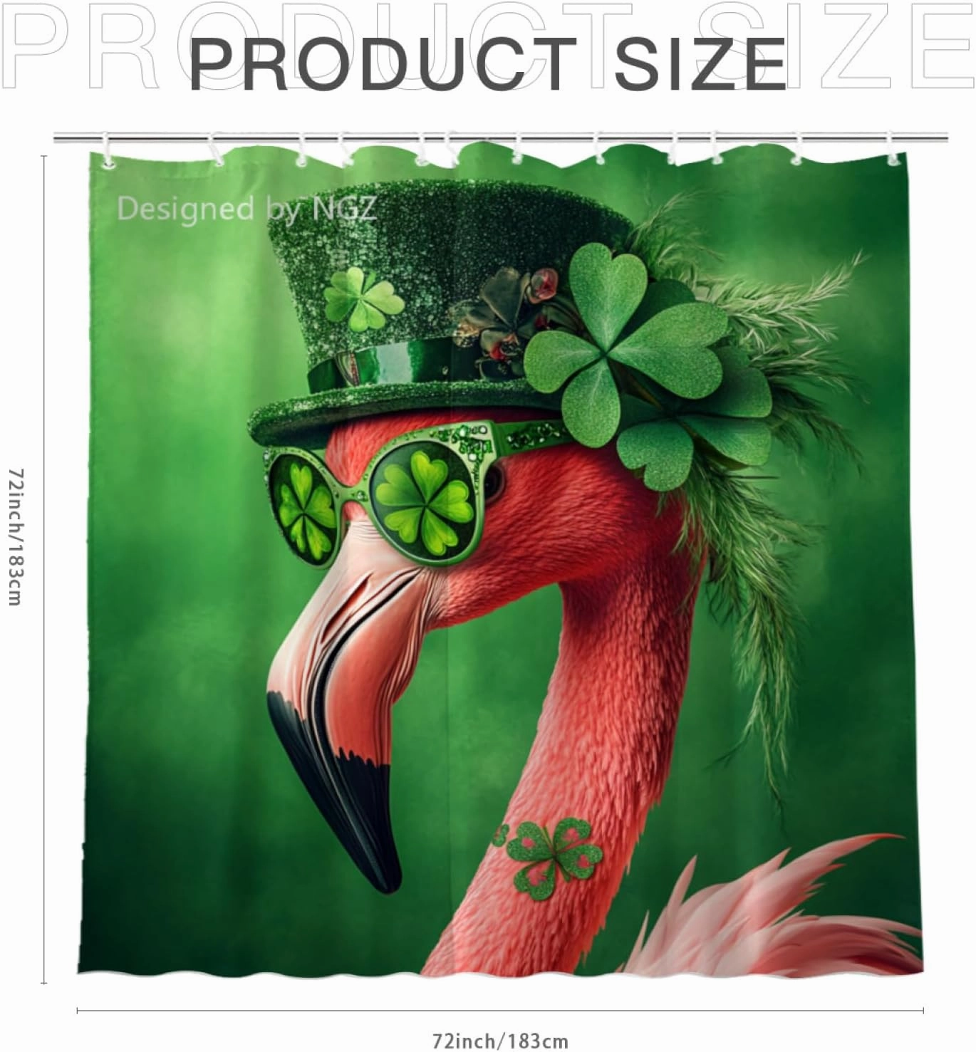 St Patricks Day Shower Curtain, Flamingo with Green Shamrock Clover Shower Curtain Set with 12 Hooks, Green Shower Curtain for Bathroom Decor, 72X72inch