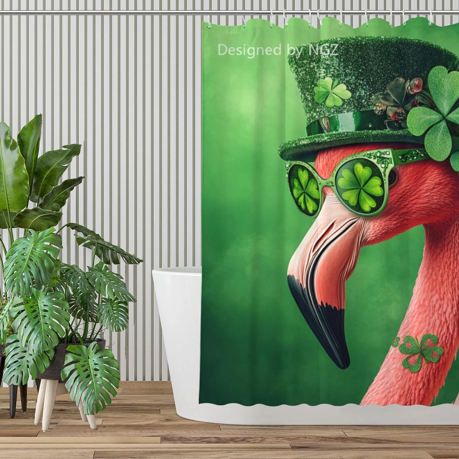 St Patricks Day Shower Curtain, Flamingo with Green Shamrock Clover Shower Curtain Set with 12 Hooks, Green Shower Curtain for Bathroom Decor, 72X72inch