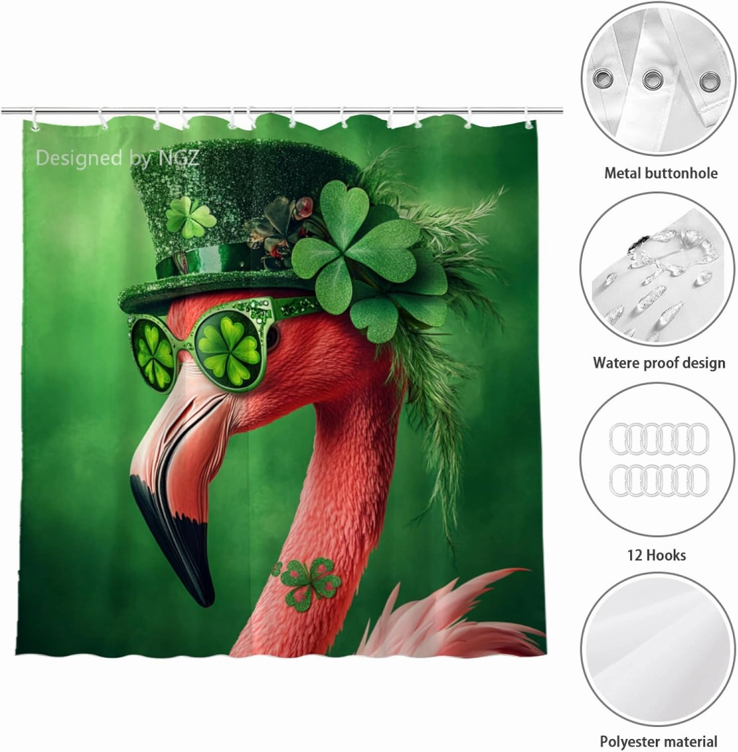 St Patricks Day Shower Curtain, Flamingo with Green Shamrock Clover Shower Curtain Set with 12 Hooks, Green Shower Curtain for Bathroom Decor, 72X72inch