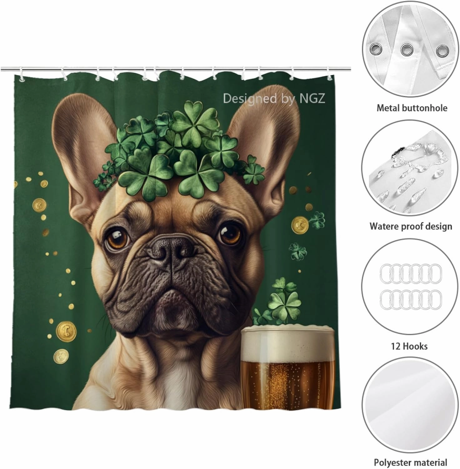 St Patricks Day Shower Curtain, French Bulldog with Four-Leaved Clover Beer and Gold Coin, Spring Green Shower Curtain Set with 12 Hooks for Bathroom Decor, 72X72inch