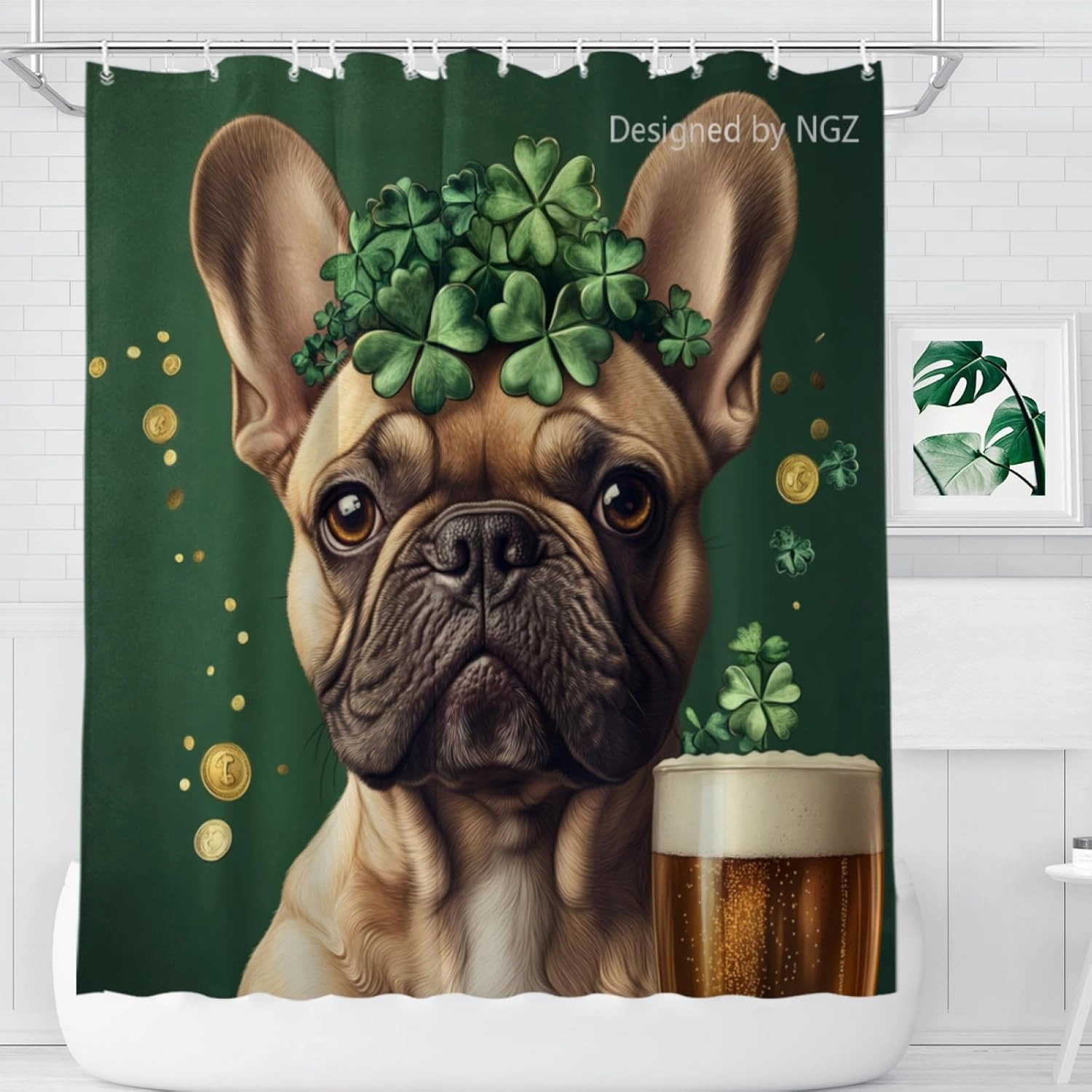 St Patricks Day Shower Curtain, French Bulldog with Four-Leaved Clover Beer and Gold Coin, Spring Green Shower Curtain Set with 12 Hooks for Bathroom Decor, 72X72inch