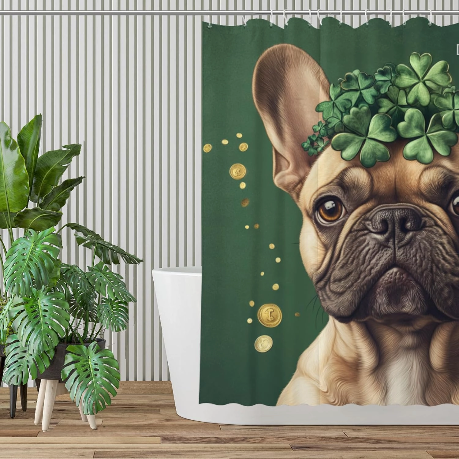 St Patricks Day Shower Curtain, French Bulldog with Four-Leaved Clover Beer and Gold Coin, Spring Green Shower Curtain Set with 12 Hooks for Bathroom Decor, 72X72inch