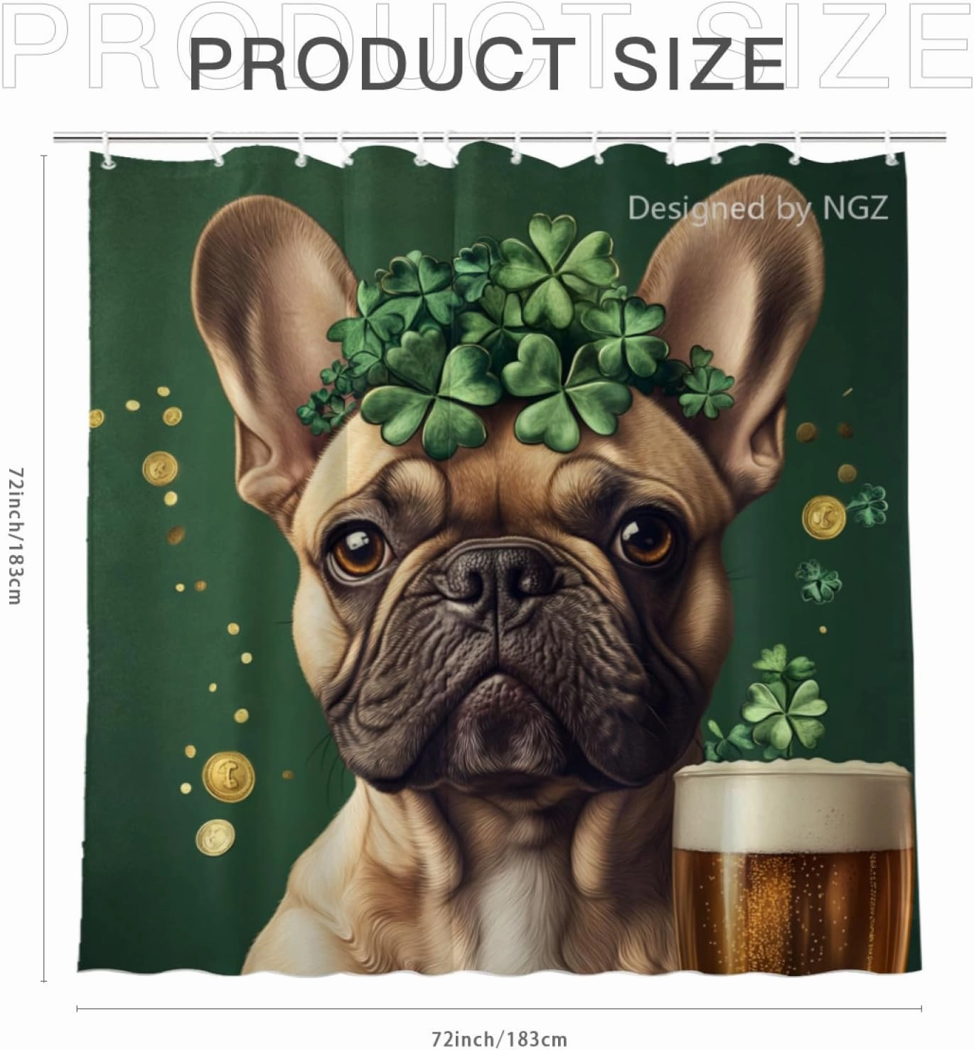 St Patricks Day Shower Curtain, French Bulldog with Four-Leaved Clover Beer and Gold Coin, Spring Green Shower Curtain Set with 12 Hooks for Bathroom Decor, 72X72inch