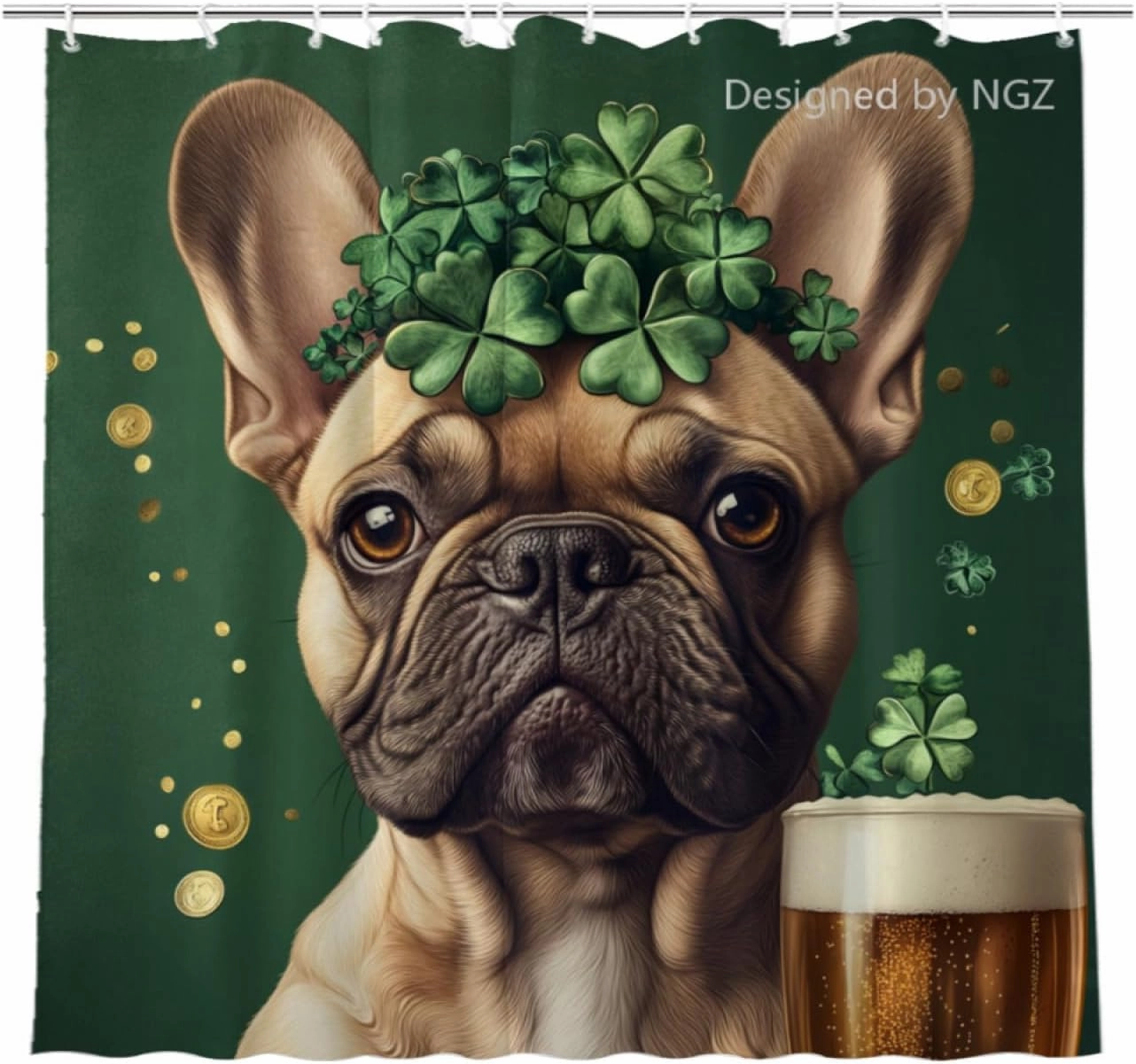 St Patricks Day Shower Curtain, French Bulldog with Four-Leaved Clover Beer and Gold Coin, Spring Green Shower Curtain Set with 12 Hooks for Bathroom Decor, 72X72inch
