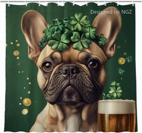 St Patricks Day Shower Curtain, French Bulldog with Four-Leaved Clover Beer and Gold Coin, Spring Green Shower Curtain Set with 12 Hooks for Bathroom Decor, 72X72inch