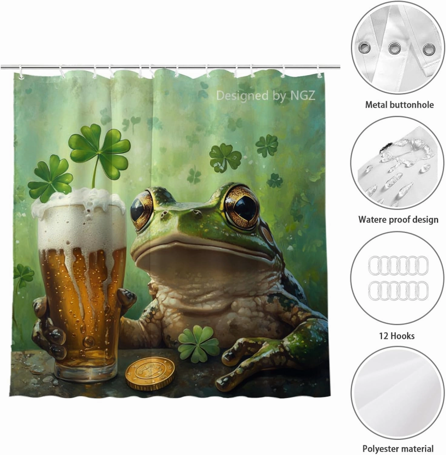 St Patricks Day Shower Curtain, Frog with Four-Leaved Clover Beer and Gold Coin, Spring Green Shower Curtain Set with 12 Hooks for Bathroom Decor, 72X72inch