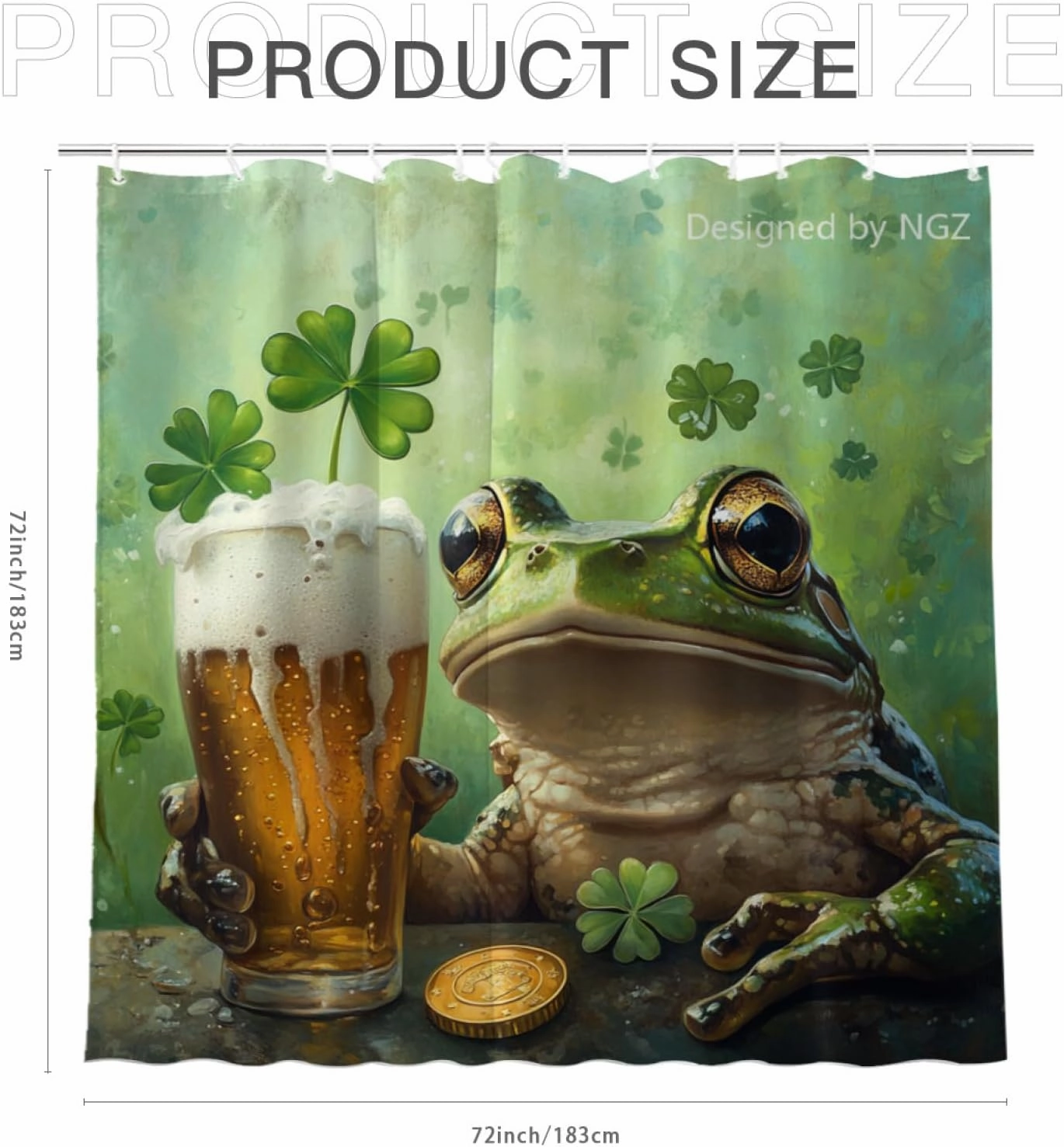 St Patricks Day Shower Curtain, Frog with Four-Leaved Clover Beer and Gold Coin, Spring Green Shower Curtain Set with 12 Hooks for Bathroom Decor, 72X72inch