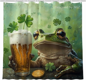 St Patricks Day Shower Curtain, Frog with Four-Leaved Clover Beer and Gold Coin, Spring Green Shower Curtain Set with 12 Hooks for Bathroom Decor, 72X72inch