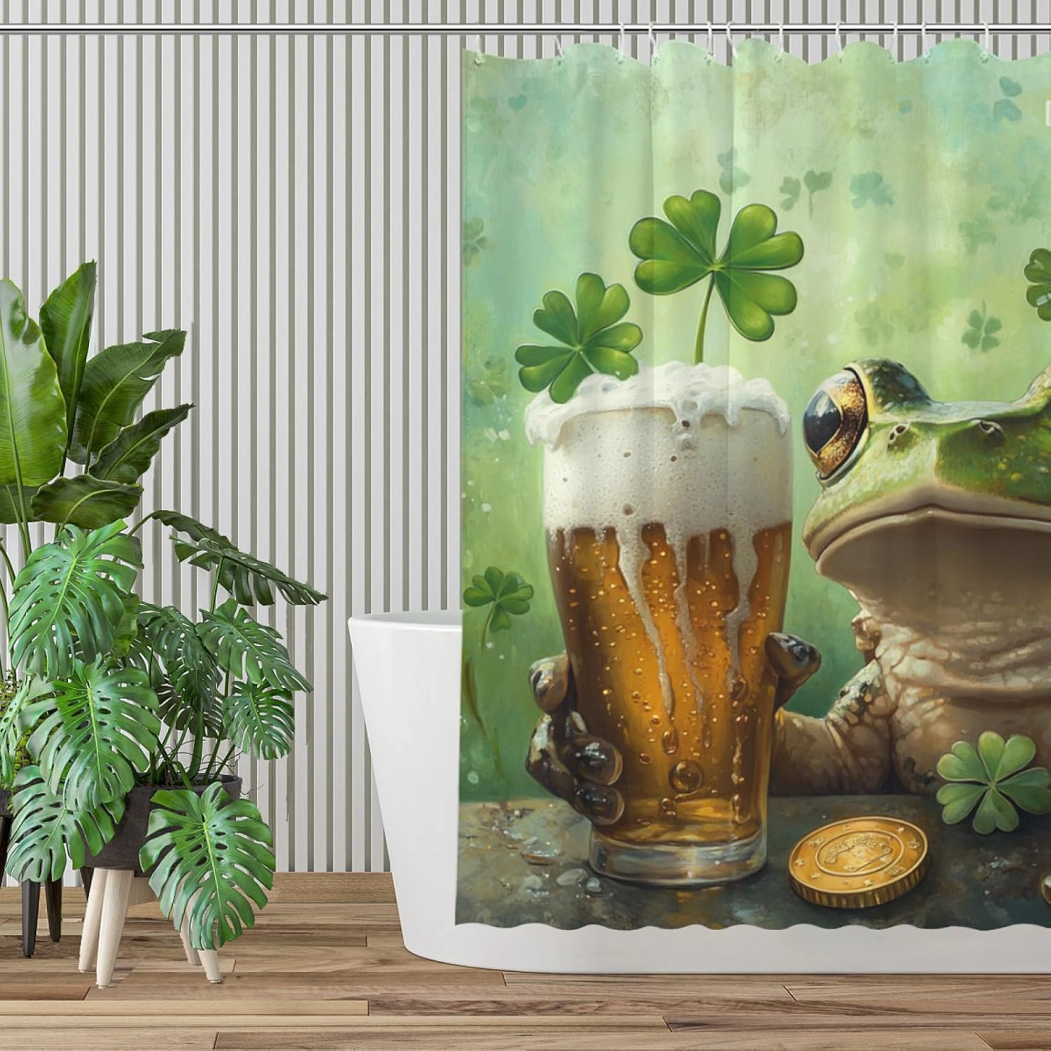 St Patricks Day Shower Curtain, Frog with Four-Leaved Clover Beer and Gold Coin, Spring Green Shower Curtain Set with 12 Hooks for Bathroom Decor, 72X72inch