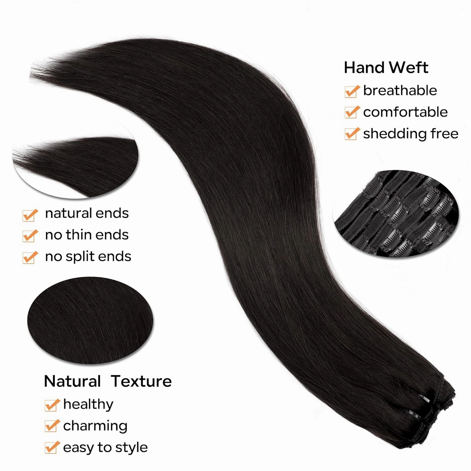 Straight Clip In Hair Extensions Real Human Hair 8Pcs Clip In Jet Black Human Hair Extensions with 18Clips Lace Weft 120g 20inch #1 Jet Black