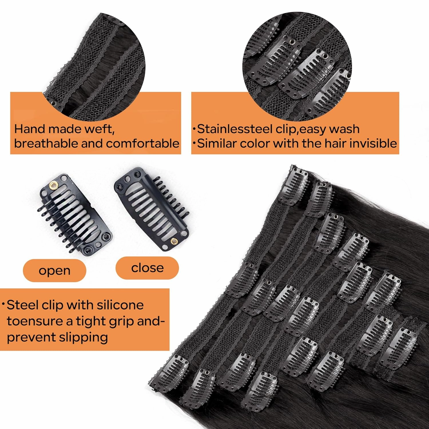 Straight Clip In Hair Extensions Real Human Hair 8Pcs Clip In Jet Black Human Hair Extensions with 18Clips Lace Weft 120g 20inch #1 Jet Black