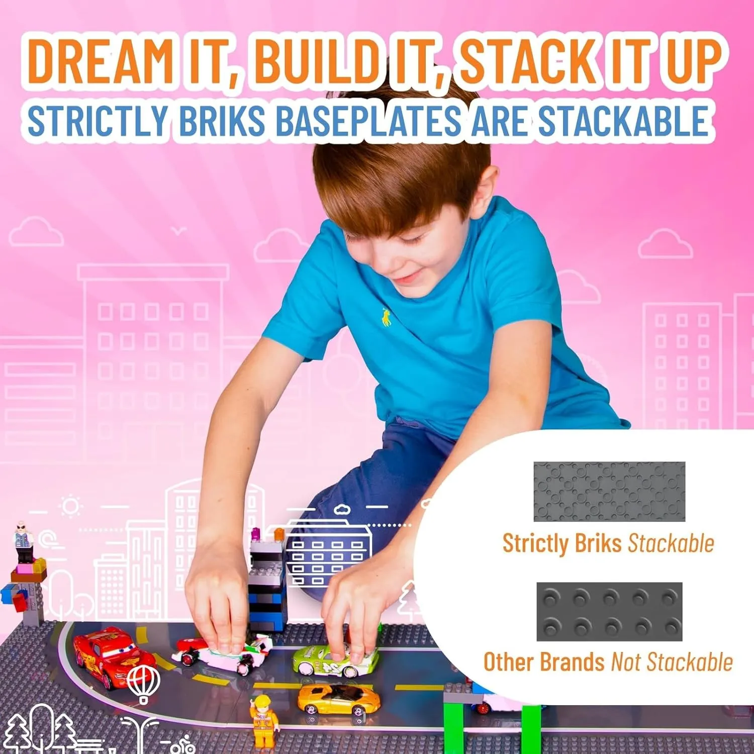 Strictly Briks Building Blocks Road Plates 10" x 10", 4 Pack City Road Classic Baseplates for Highway Bridge, Street, Race Track, Compatible with All Major Brands (2 Straight, 2 Curved, 30 Stackers)