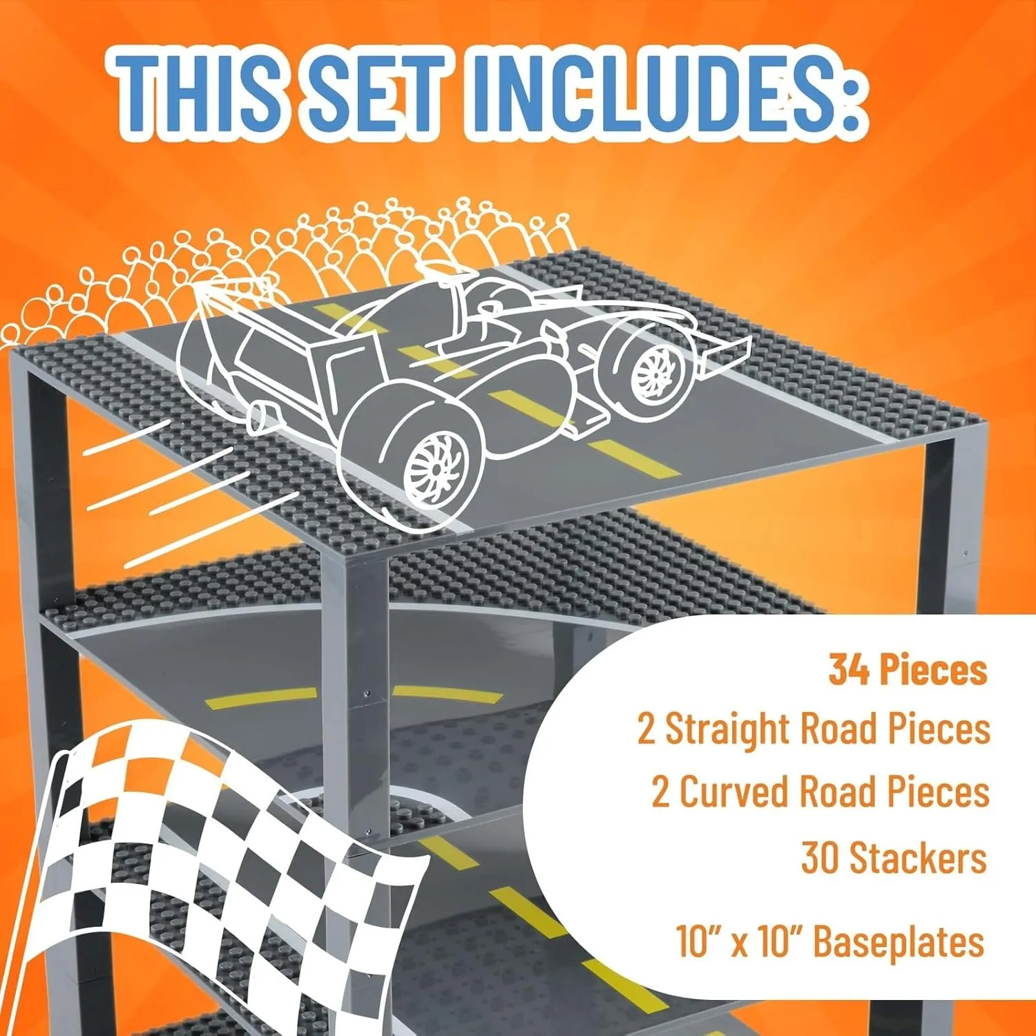 Strictly Briks Building Blocks Road Plates 10" x 10", 4 Pack City Road Classic Baseplates for Highway Bridge, Street, Race Track, Compatible with All Major Brands (2 Straight, 2 Curved, 30 Stackers)