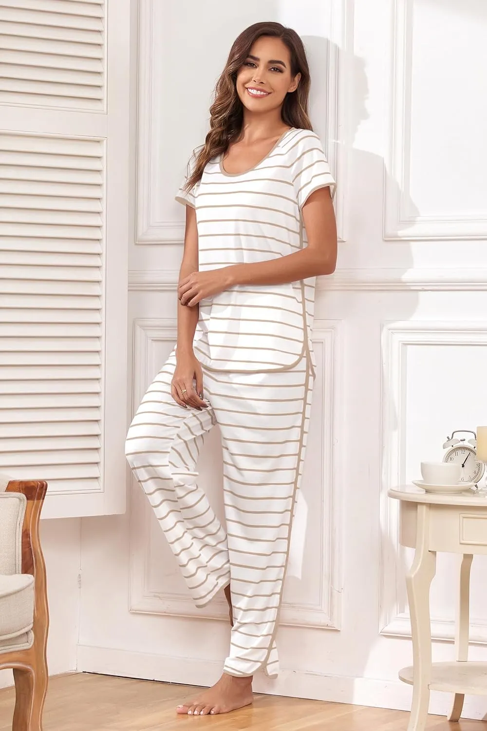Stripe Pajamas Set Women Two-Piece Nightwear Short Sleeve Sleepwear Soft Side Split Loungewear Pjs Sets