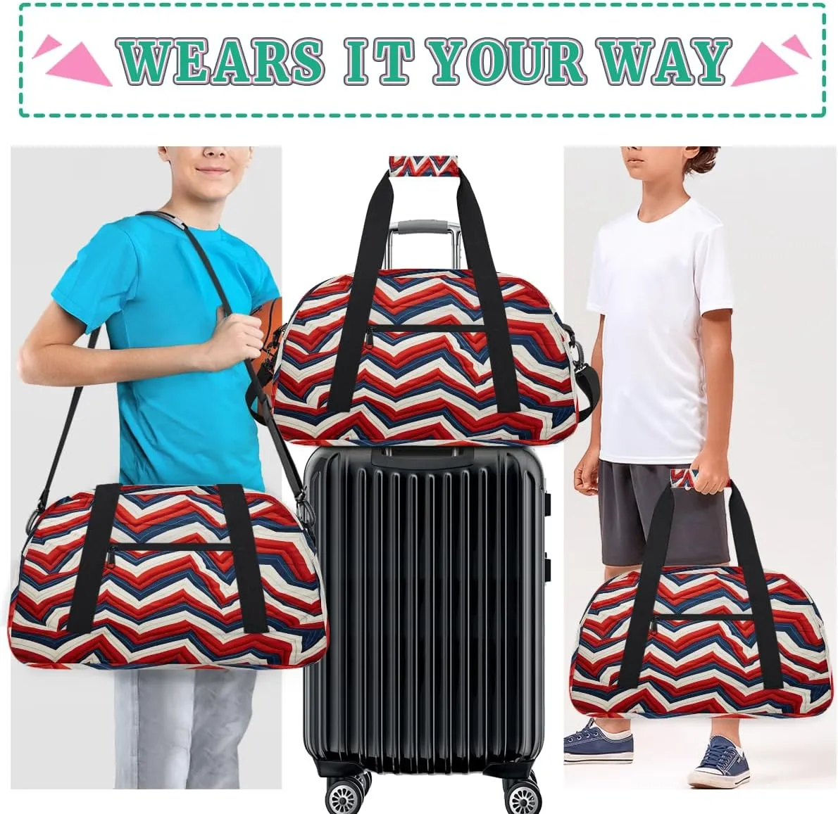 Stripes Wavy Kids Overnighter Duffel Bags for Boys, Carry-On Size Sports Gym Bag with Front Zipper Pocket for School Practice or Overnight Travel Weekender Sleepover Tote Bag