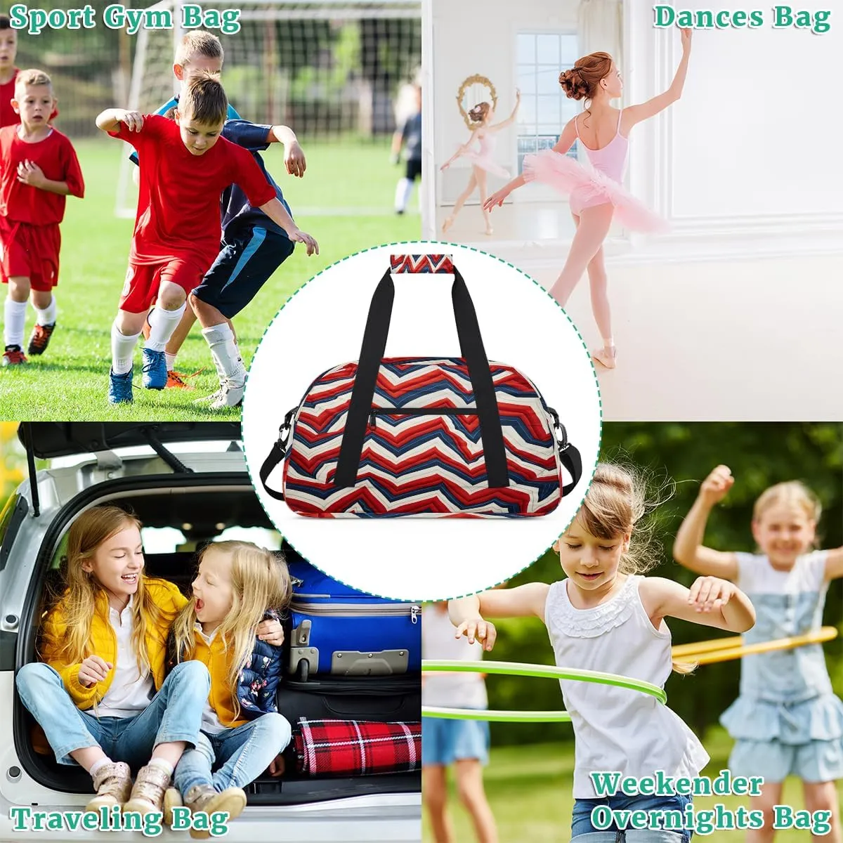 Stripes Wavy Kids Overnighter Duffel Bags for Boys, Carry-On Size Sports Gym Bag with Front Zipper Pocket for School Practice or Overnight Travel Weekender Sleepover Tote Bag