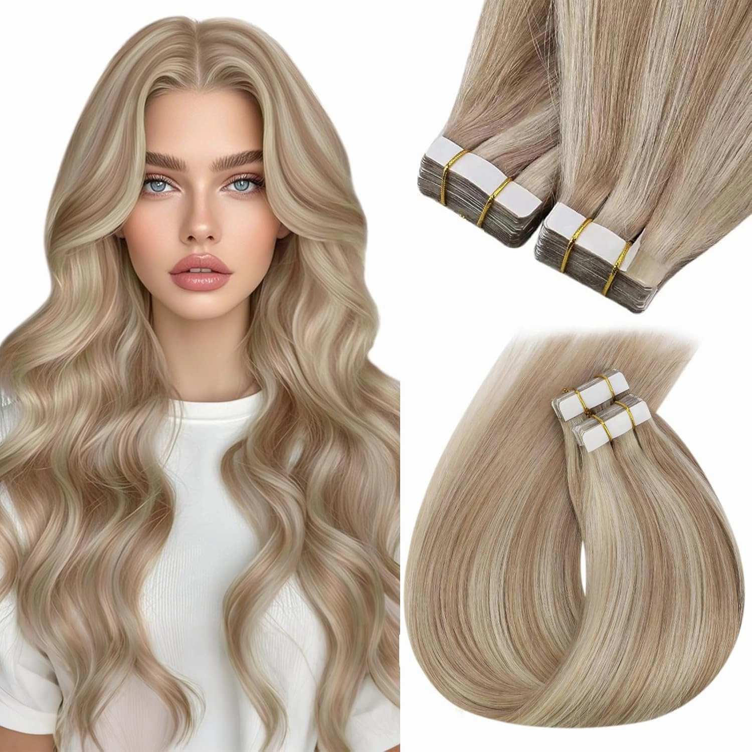 Sunny Hair Tape in Hair Extensions Real Human Hair Invisible Remy Hair Extensions Tape ins for Women Ash Blonde Highlight Bleach Blonde with Pink Hue 22 inch 20Pcs 50G