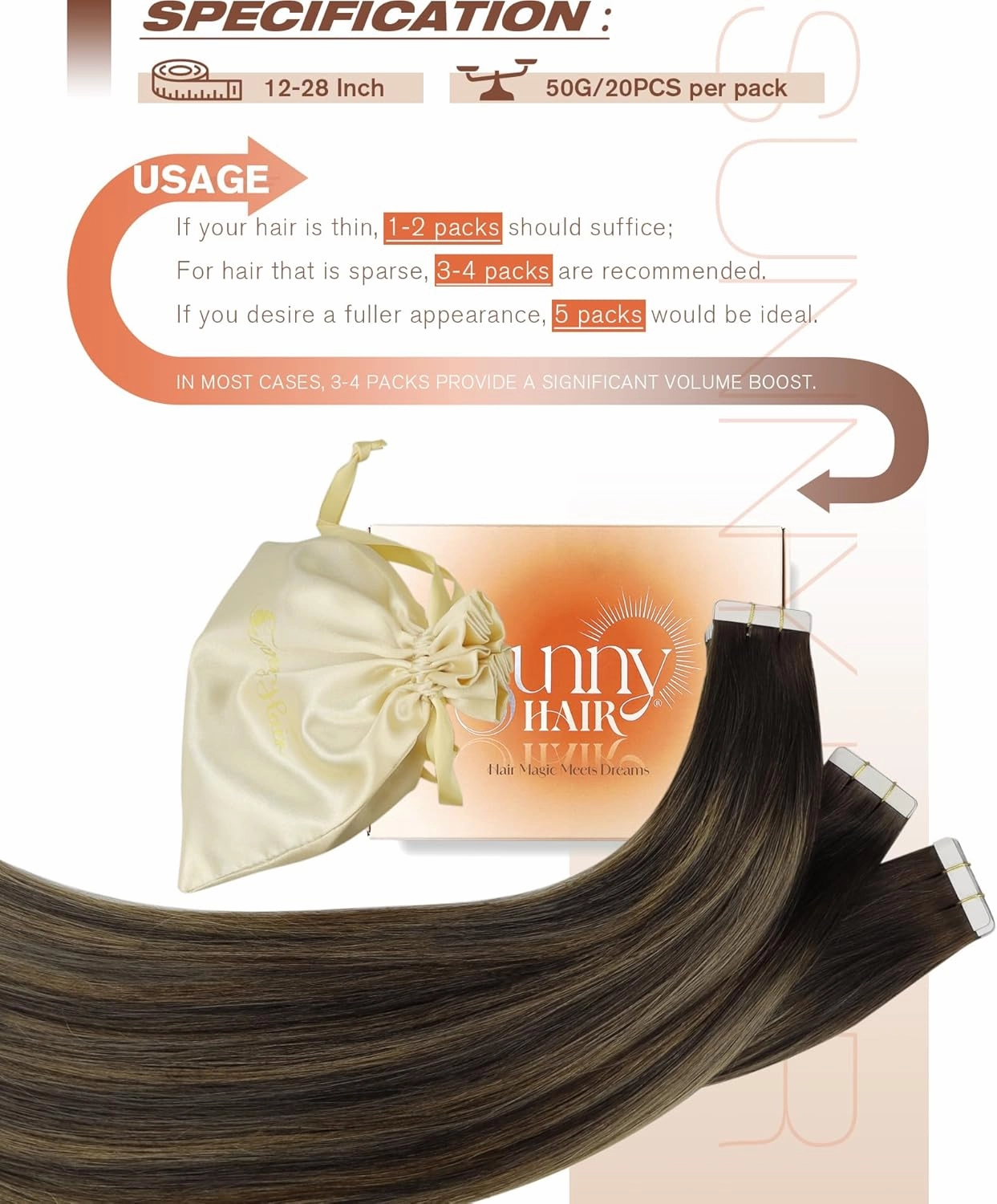 Sunny Hair Tape in Hair Extensions Real Human Hair Invisible Remy Hair Extensions Tape ins for Women Darkest Brown Ombre Medium Brown Balayage 22 inch 20Pcs 50G