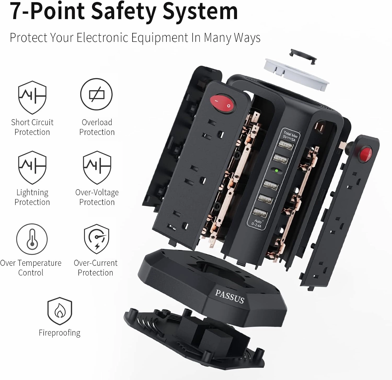 Surge Protector Power Strip Tower with 5 USB Ports and Night Light,10FT Extension Cord with 12 AC Multiple Outlets, PASSUS Power Tower Overload Protection for Home Office Dorm Room Essentials(Black)