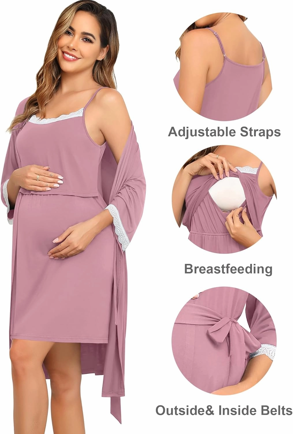 SWOMOG Lace Maternity Nursing Gown and Robe Set Double Layer Labor Delivery Nursing Hospital Nightgowns for Breastfeeding