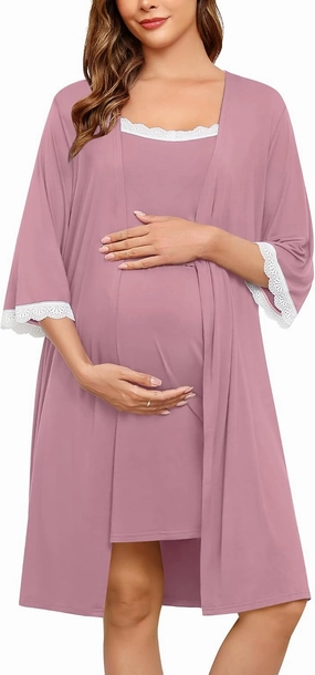 SWOMOG Lace Maternity Nursing Gown and Robe Set Double Layer Labor Delivery Nursing Hospital Nightgowns for Breastfeeding