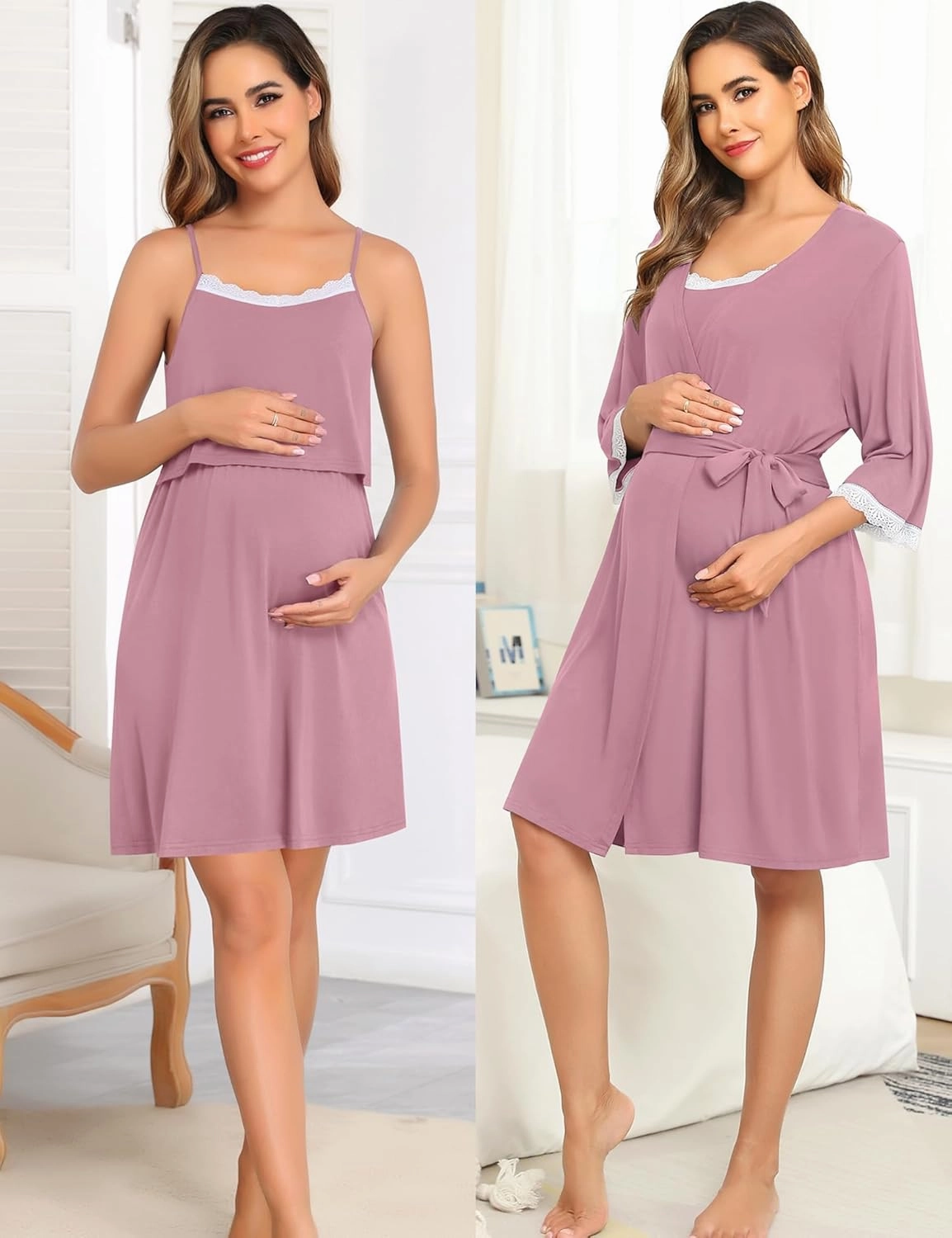 SWOMOG Lace Maternity Nursing Gown and Robe Set Double Layer Labor Delivery Nursing Hospital Nightgowns for Breastfeeding