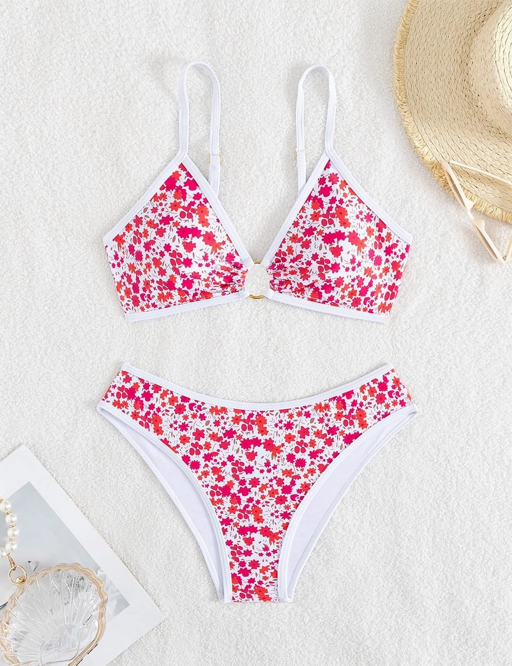 Tainehs Women's Two Piece Bikini Sets O Ring Front Top Ditsy Floral Triangle Swimsuits Cheeky Bathing Suit