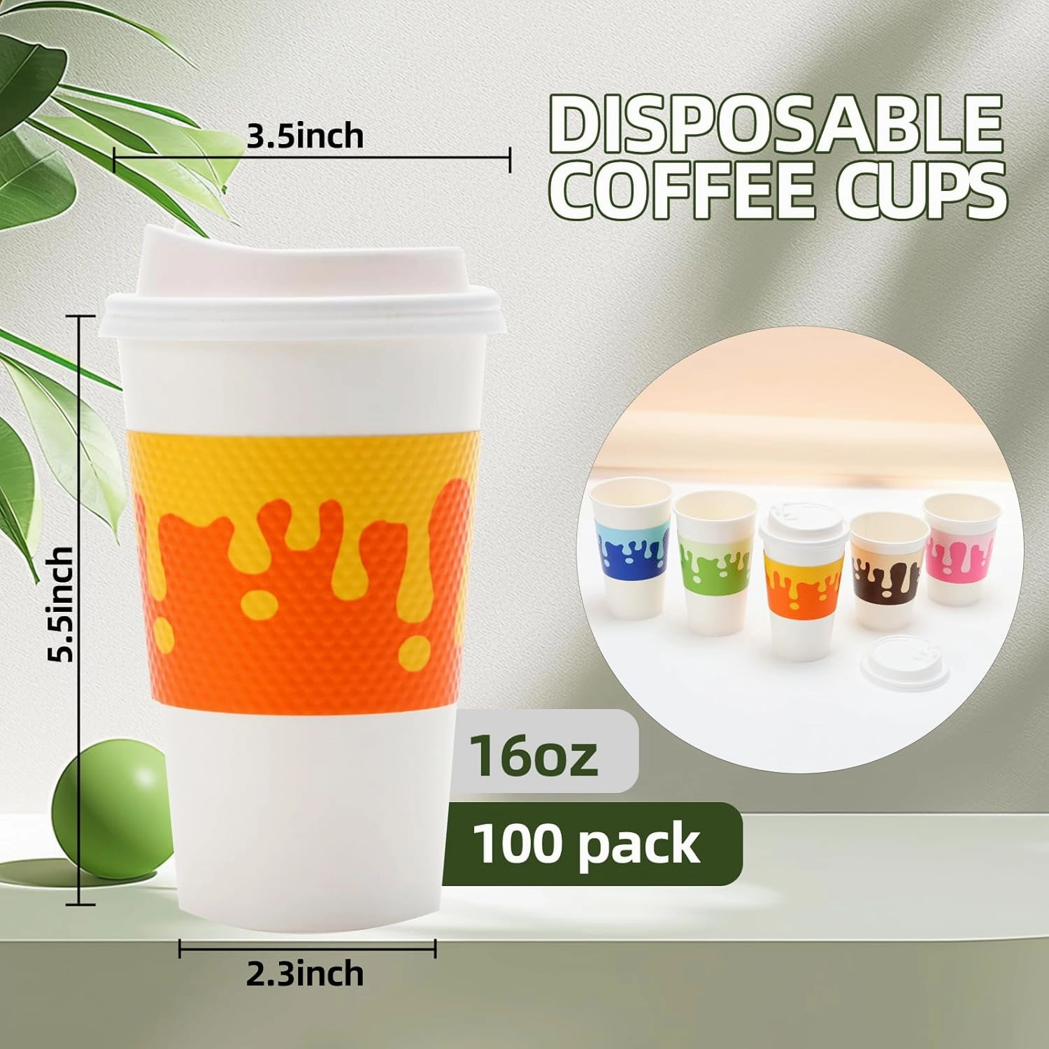 Tamone 100 PACK 16OZ Disposable Easter Coffee Cups with Lids and Sleeves, 5 Color To Go Coffee Cups with Lids Leak Proof, White Paper Cups for Cold/Hot Beverage Chocolate Cocoa for Home Office