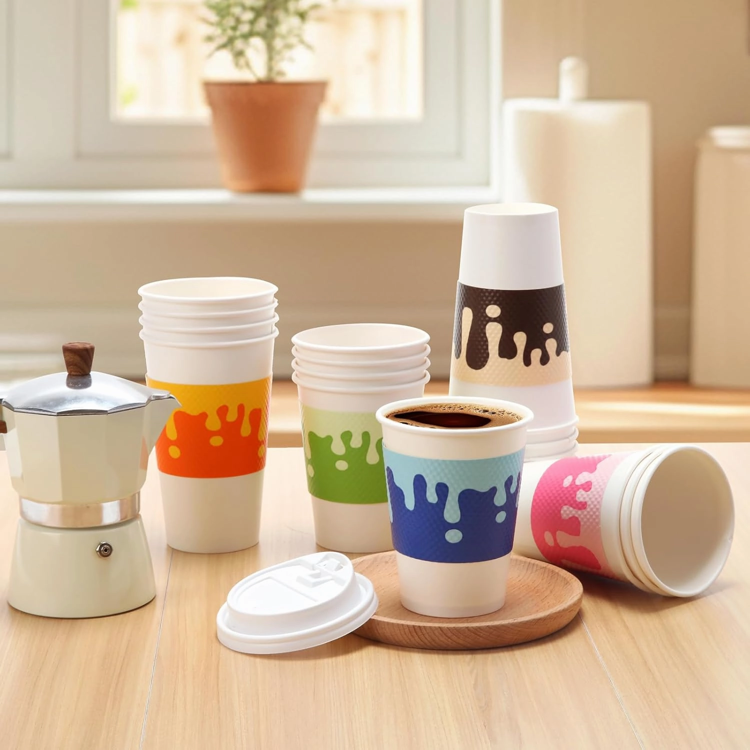 Tamone 100 PACK 16OZ Disposable Easter Coffee Cups with Lids and Sleeves, 5 Color To Go Coffee Cups with Lids Leak Proof, White Paper Cups for Cold/Hot Beverage Chocolate Cocoa for Home Office