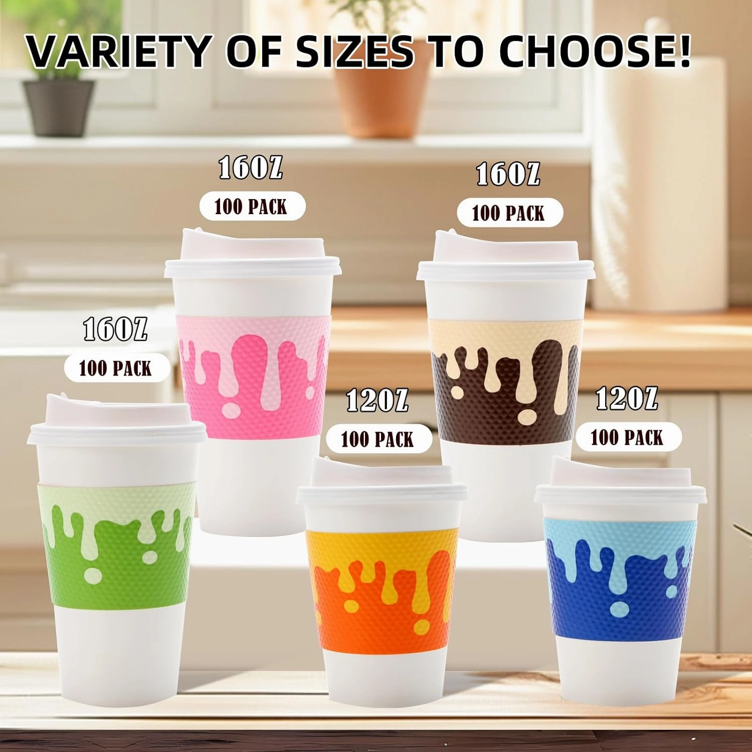 Tamone 100 PACK 16OZ Disposable Easter Coffee Cups with Lids and Sleeves, 5 Color To Go Coffee Cups with Lids Leak Proof, White Paper Cups for Cold/Hot Beverage Chocolate Cocoa for Home Office