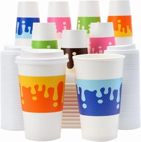 Tamone 100 PACK 16OZ Disposable Easter Coffee Cups with Lids and Sleeves, 5 Color To Go Coffee Cups with Lids Leak Proof, White Paper Cups for Cold/Hot Beverage Chocolate Cocoa for Home Office