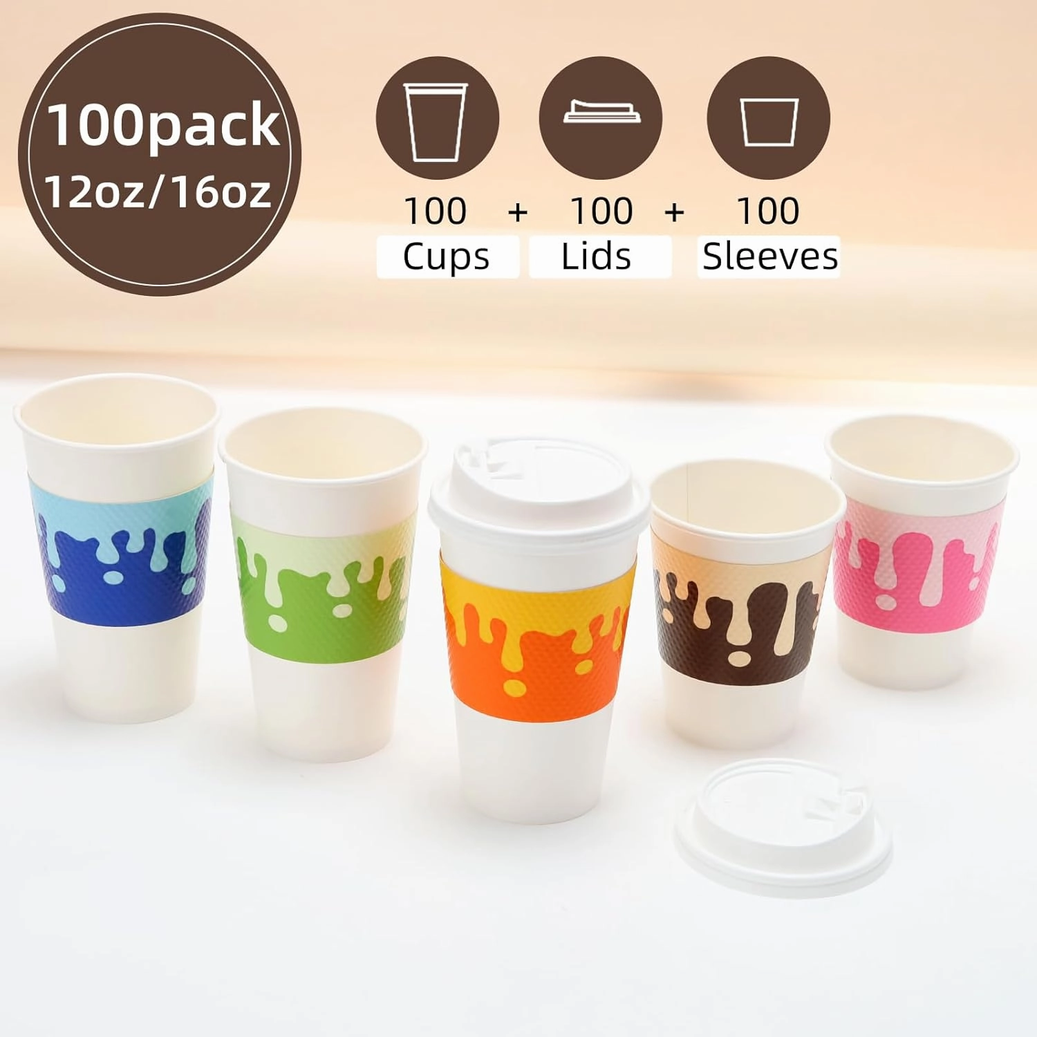 Tamone 100 PACK 16OZ Disposable Easter Coffee Cups with Lids and Sleeves, 5 Color To Go Coffee Cups with Lids Leak Proof, White Paper Cups for Cold/Hot Beverage Chocolate Cocoa for Home Office