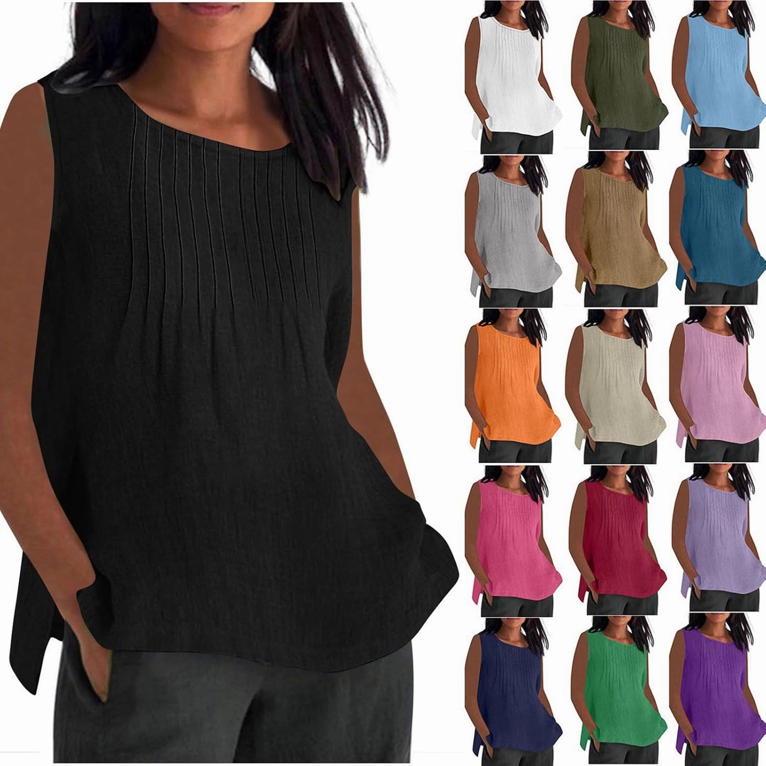 Tank Tops for Women 2025 Plus Size Pleated Side Split Camisole Tank Tops Summer Fashion Crew Neck Sleeveless Vest