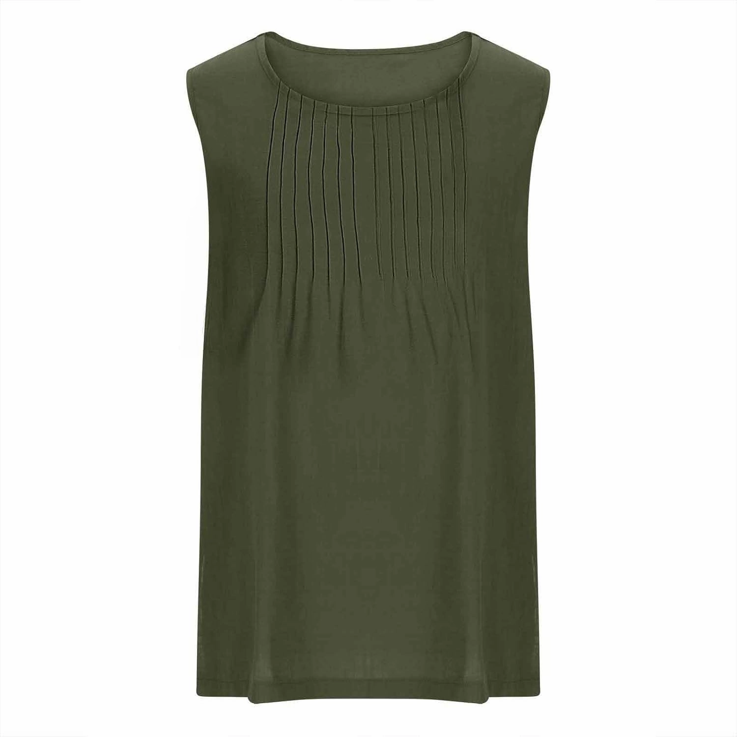 Tank Tops for Women 2025 Plus Size Pleated Side Split Camisole Tank Tops Summer Fashion Crew Neck Sleeveless Vest