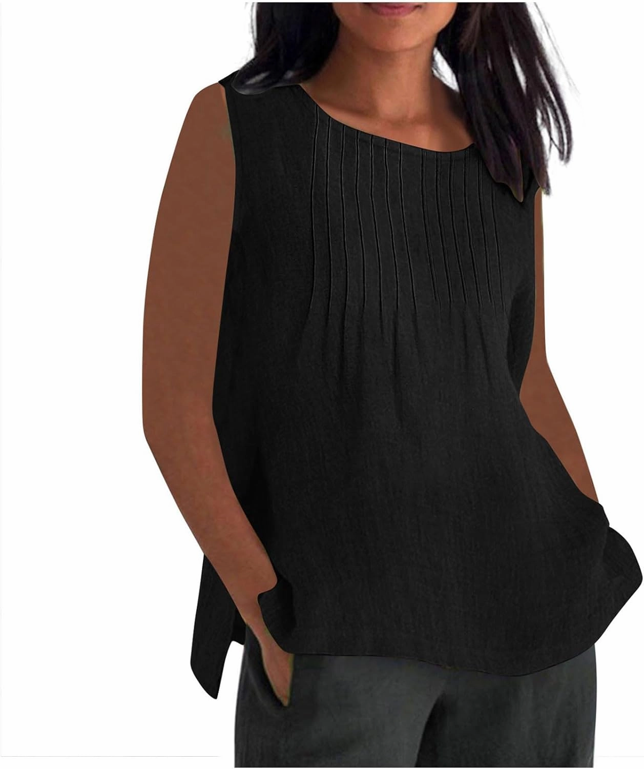 Tank Tops for Women 2025 Plus Size Pleated Side Split Camisole Tank Tops Summer Fashion Crew Neck Sleeveless Vest