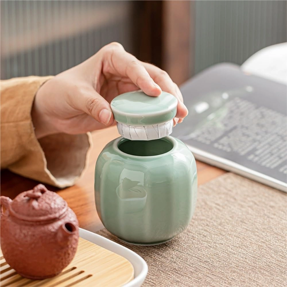 Tea Can Loose Tea Storage Container Jar Ceramic Sealed Jar Empty Jar with Tea Spoon Tea Set Double Jar Gift Box Set Handbag Tea Storage Box(B)