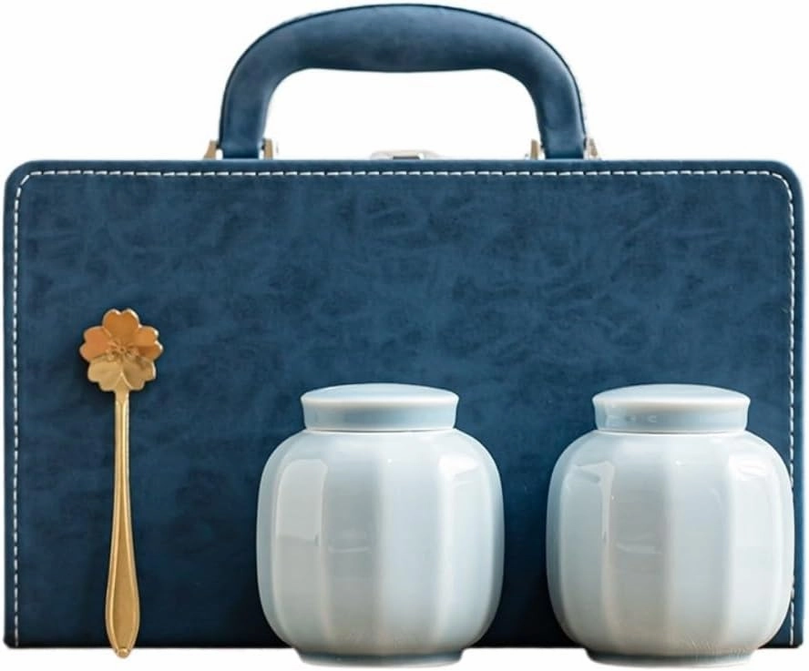 Tea Can Loose Tea Storage Container Jar Ceramic Sealed Jar Empty Jar with Tea Spoon Tea Set Double Jar Gift Box Set Handbag Tea Storage Box(B)