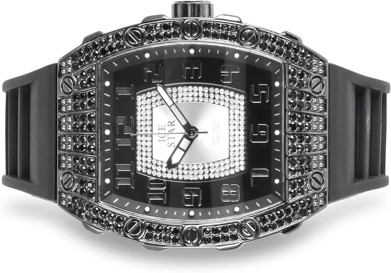 Techno Pave Men's 41mm Iced Out Tonneau Shape Watch, Numeral Dial