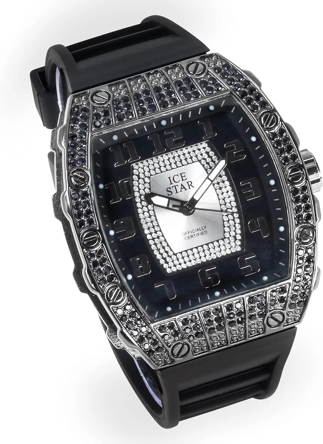 Techno Pave Men's 41mm Iced Out Tonneau Shape Watch, Numeral Dial