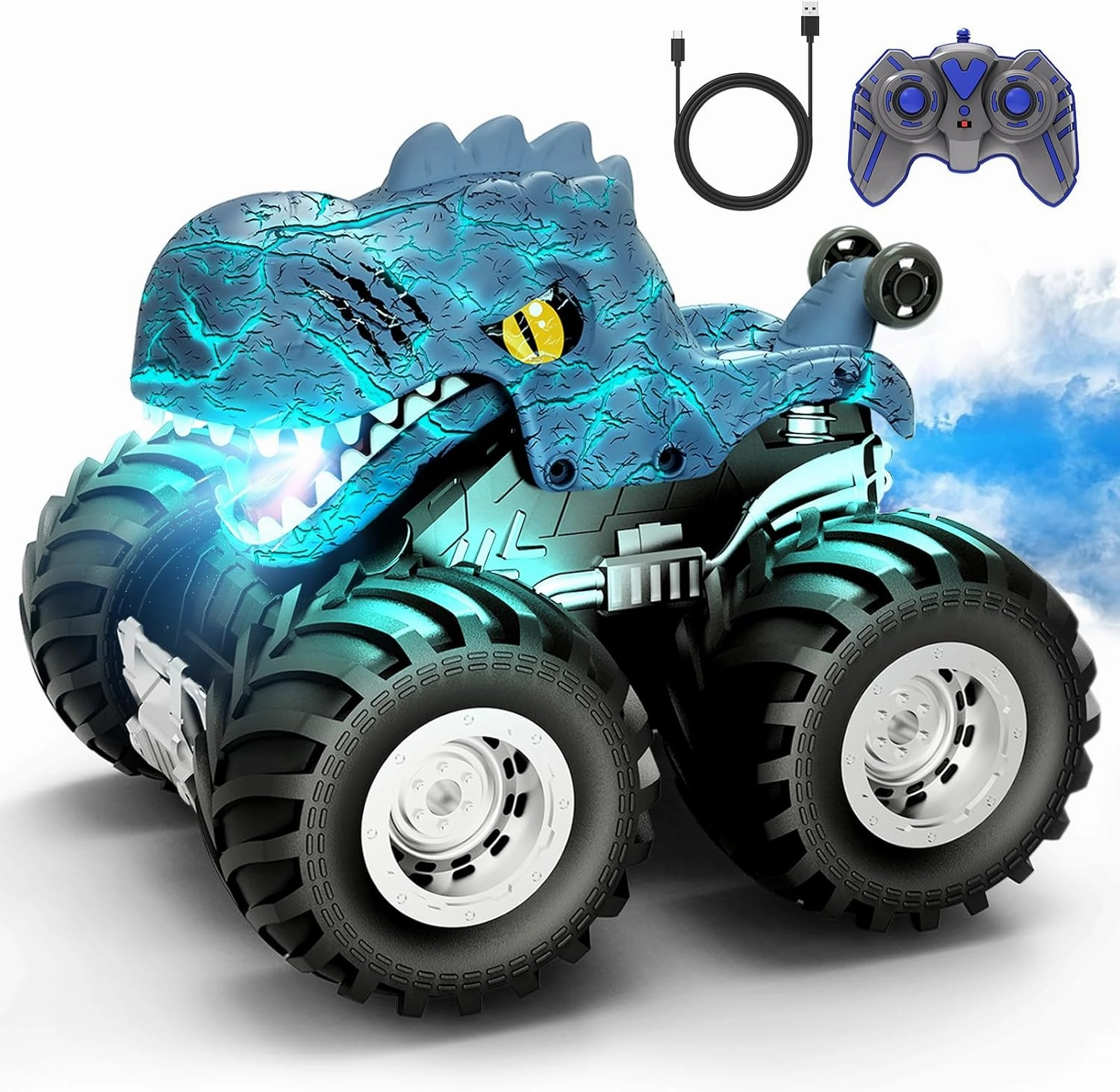 Tecnock Remote Control Monster Trucks Car, 360° Rotating RC Cars for Boys, 2.4GHz Dinosaur Toys with Spray, Light & Sound, Toys for Kids 6 7 8 Year Olds, Gift for Boys and Girls