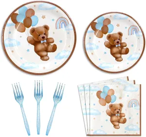 Teddy Bear Baby Shower Decorations Plates Set for 25,Boho Paper Plates Napkins Forks for Boy Brown Blue Tableware Birthday Party Supplies