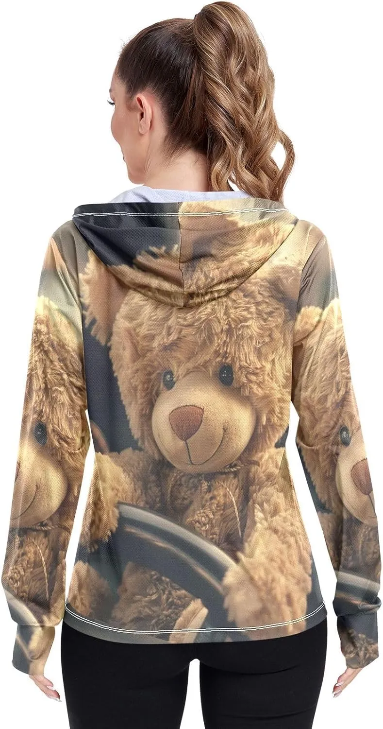Teddy Bear Driving Car Sun Protection Clothes for Women, Upf 50  Zip up Outdoor Clothing, (S-XXL)