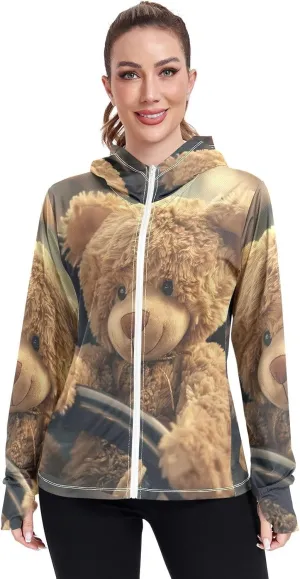 Teddy Bear Driving Car Sun Protection Clothes for Women, Upf 50  Zip up Outdoor Clothing, (S-XXL)