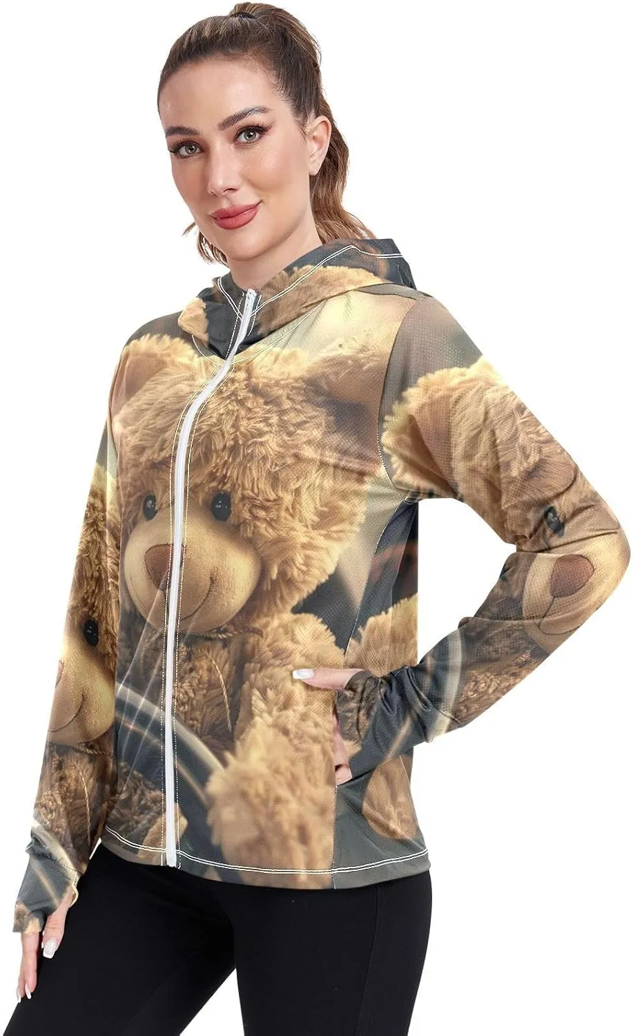 Teddy Bear Driving Car Sun Protection Clothes for Women, Upf 50  Zip up Outdoor Clothing, (S-XXL)