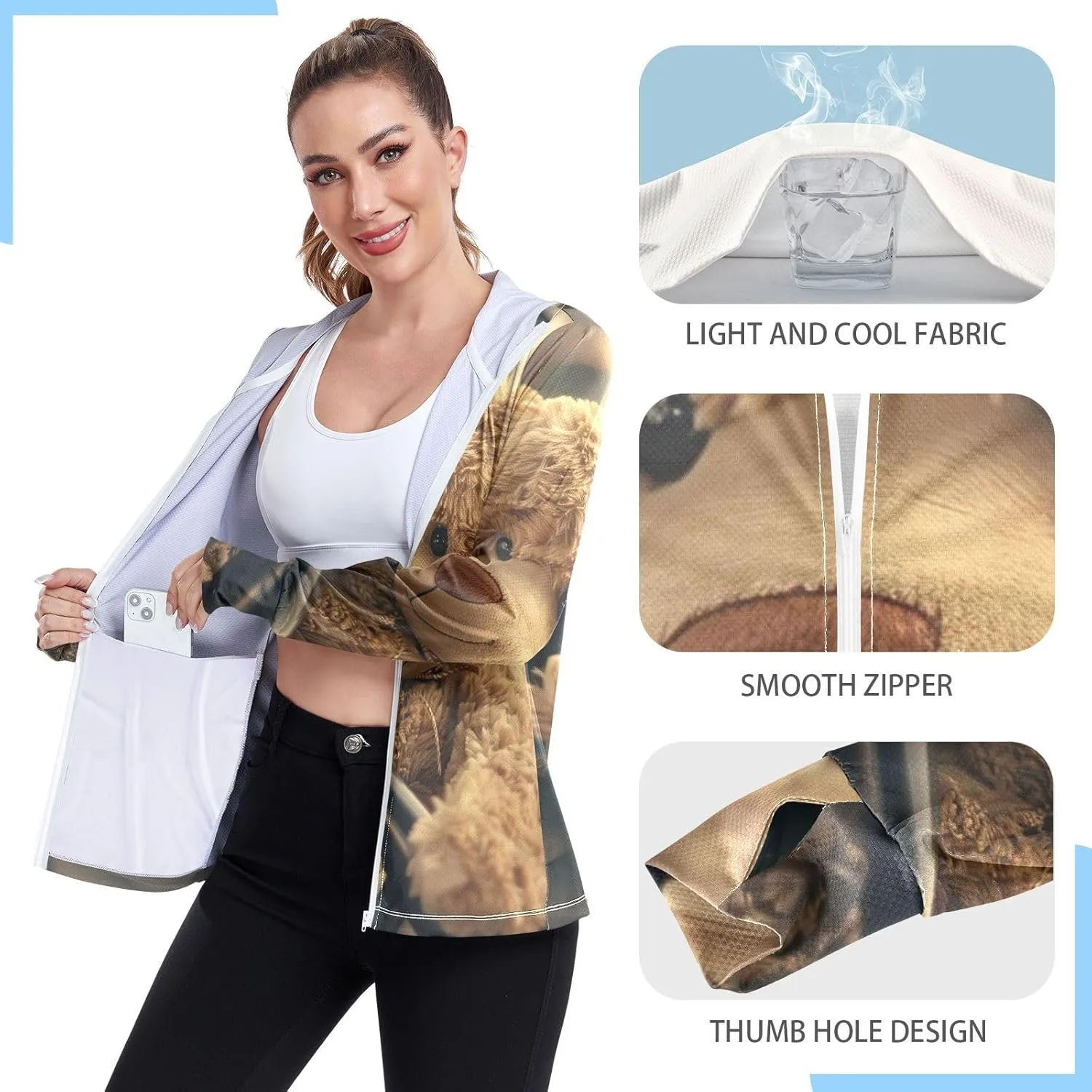 Teddy Bear Driving Car Sun Protection Clothes for Women, Upf 50  Zip up Outdoor Clothing, (S-XXL)