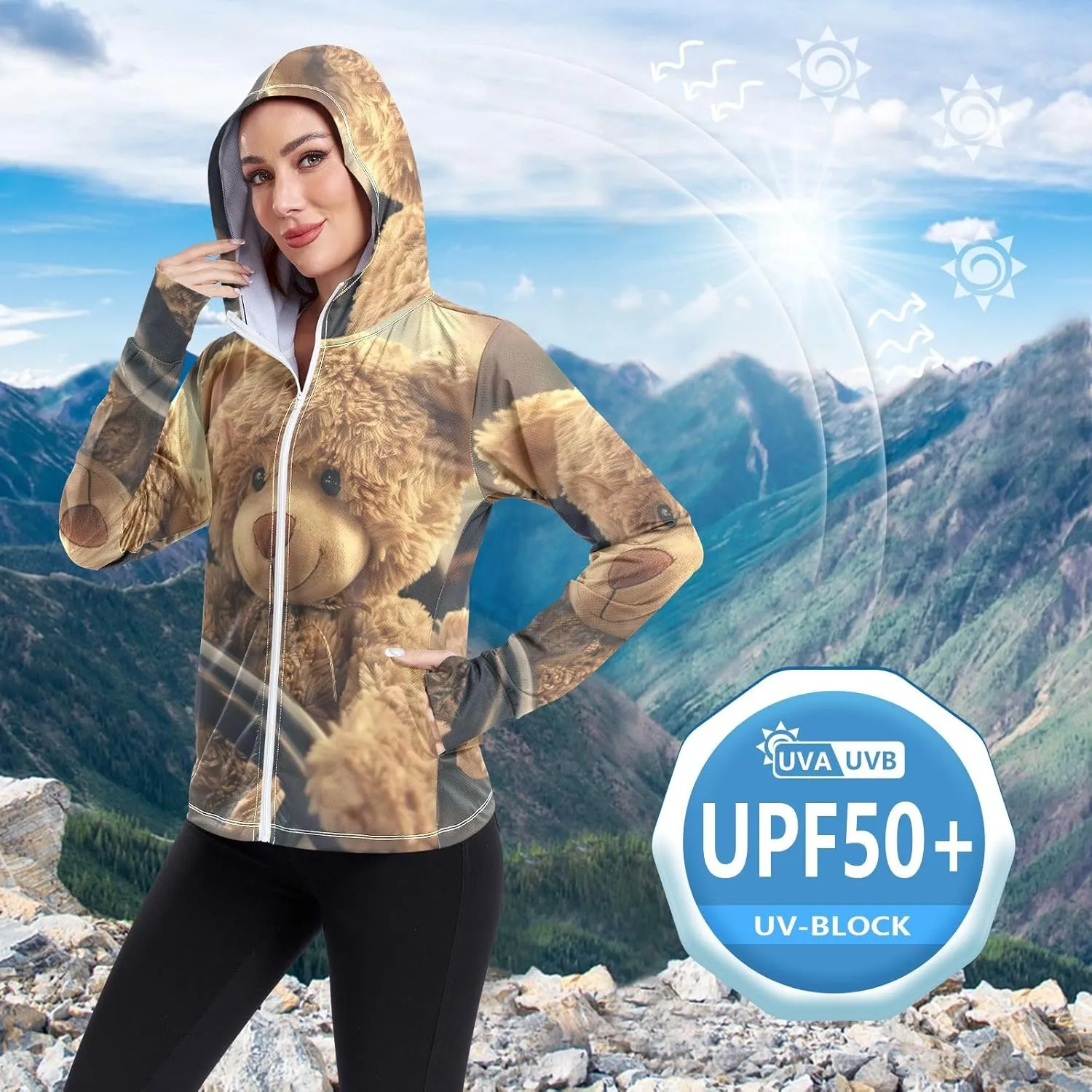 Teddy Bear Driving Car Sun Protection Clothes for Women, Upf 50  Zip up Outdoor Clothing, (S-XXL)